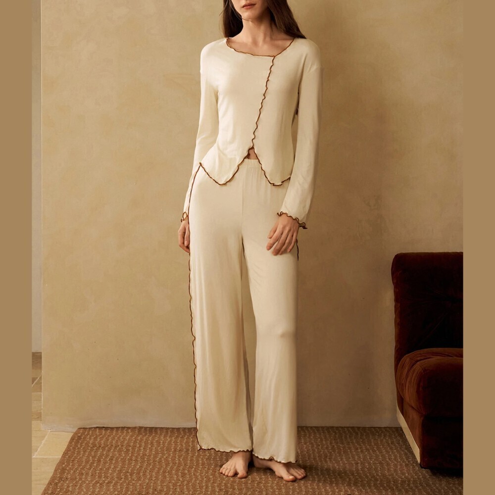 Cream Contrast Stitch Long Sleeve Top and Wide Leg Pants Pajama Set